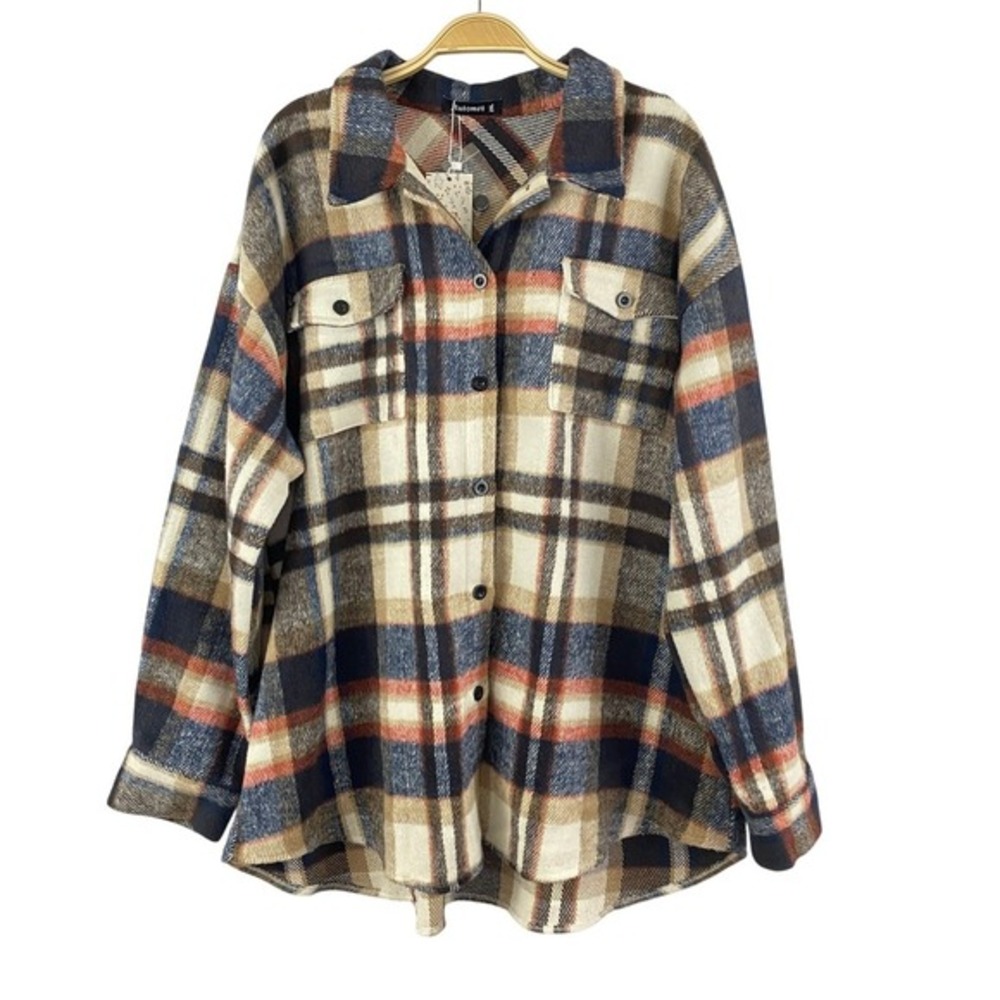 Indie Grunge Brown Flannel Shacket Button Up Shirt Women XXL Boho Navy Plaid NWT